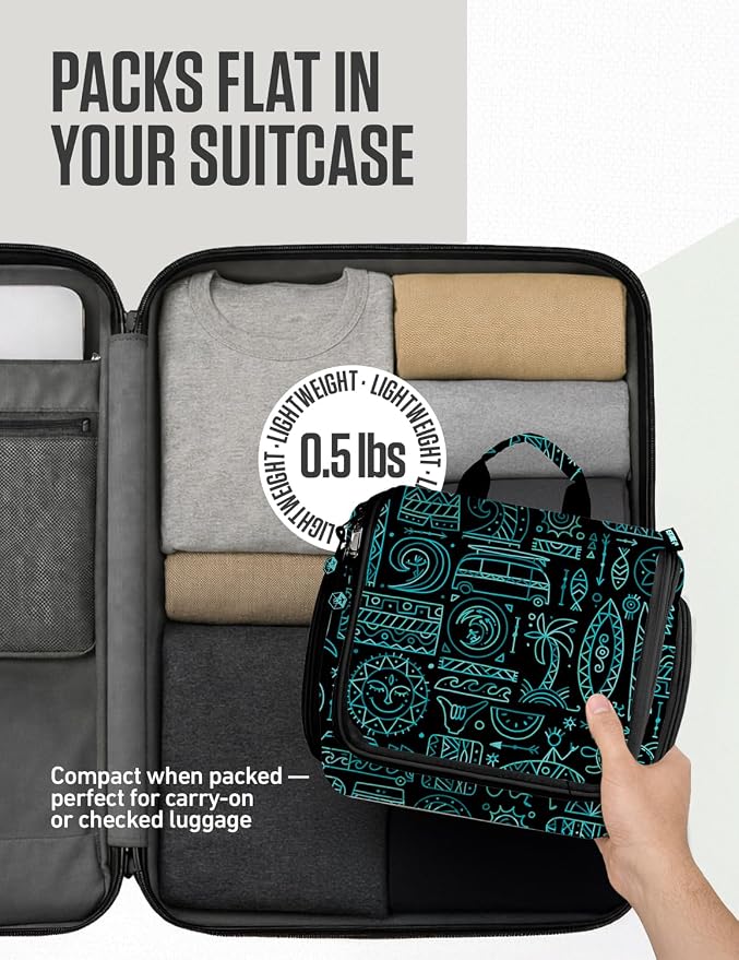 VENTURE 4TH Hanging Travel Toiletry Bag, 17 Compartments - Surfing Vibes | Hangs on rails, hooks or doors; stands upright too. Removable TSA pouch. Water-resistant 900D Nylon, reinforced stitching. - Image 8