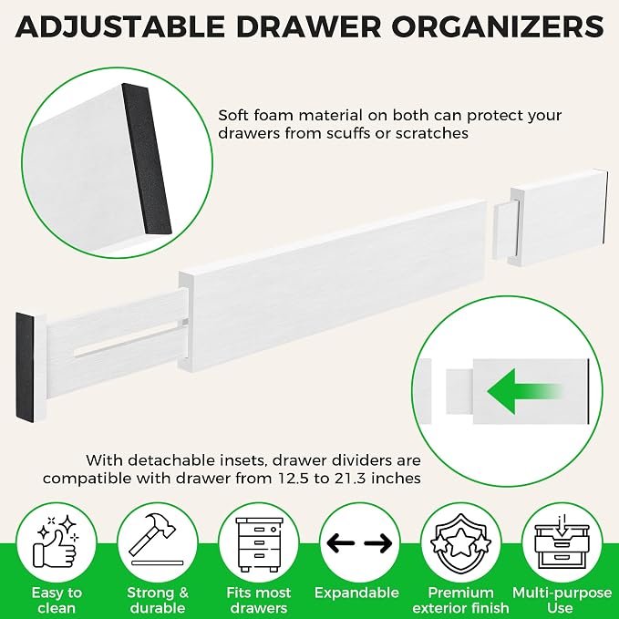 4 Pack Bamboo Drawer Dividers Organizer with Inserts 2.6'' High | Expandable from 12.5-21.7", Adjustable Drawer Organizer Separators for Utensils, Clothing, Office, Dresser, Bedroom, (White) - Image 3