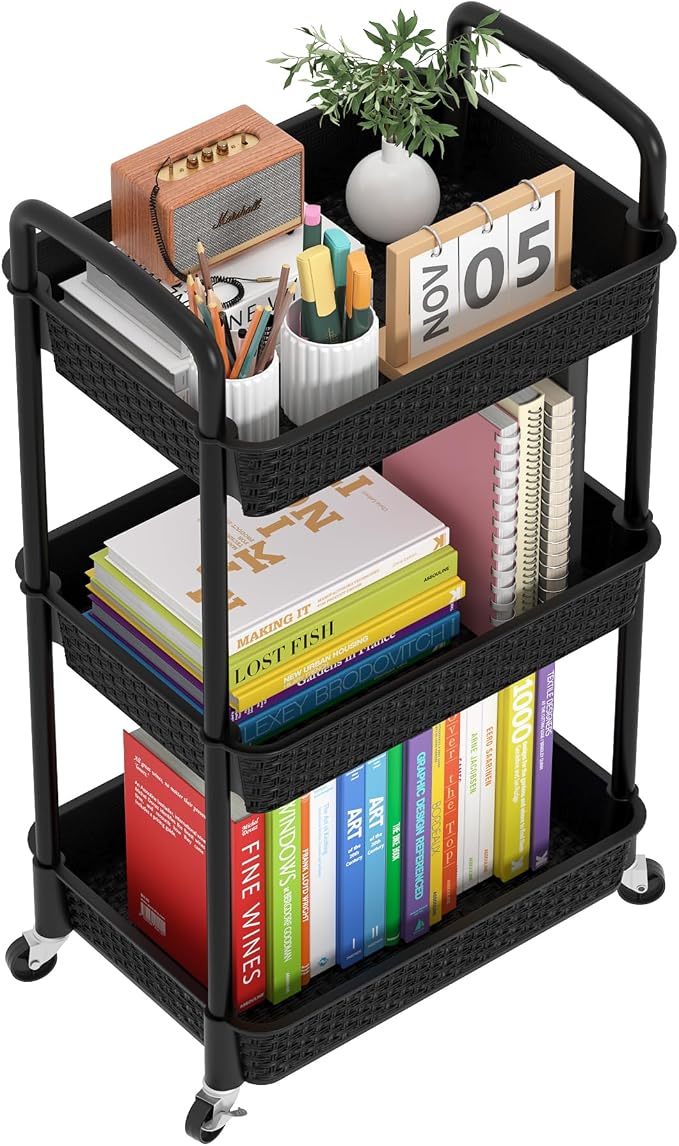 MOYIPIN 3-Tier Plastic Rolling Utility Cart with Handle,Black | Utility Storage Cart for Office, Living Room, Kitchen,Movable Storage Organizer，Easy installation，Rattan-like art design by MOYIPIN