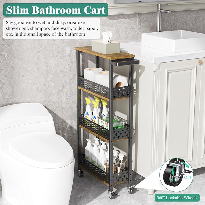 4-Tier Rolling Slim Storage Cart Kitchen Bathroom Laundry Organizer | 5.9"wide, wood rack tier, with 3 hooks, carbon steel, suitable for compact spaces, 360° swivel wheels with brakes, black - Image 5