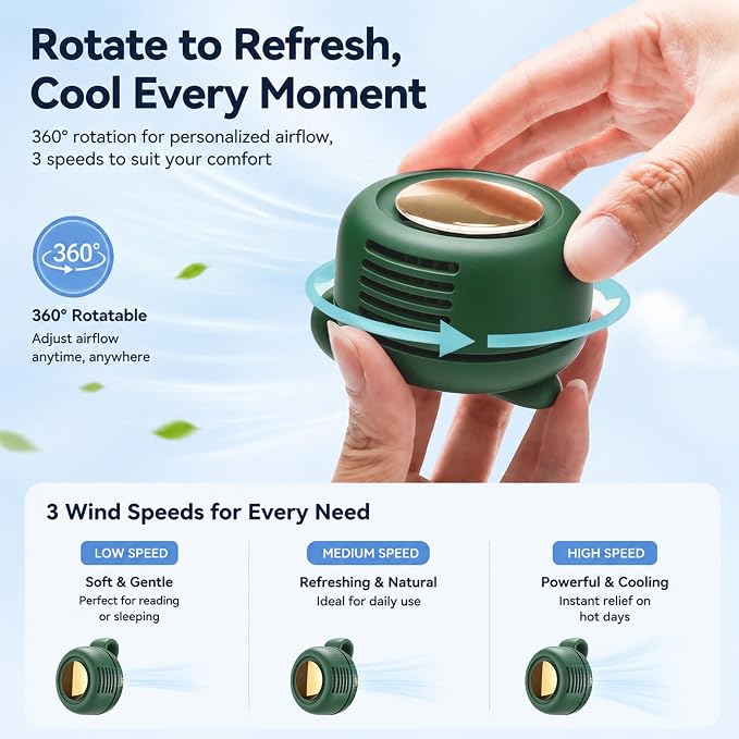 Portable Clip-on Fan Silent Bladeless Mini Fan | 360°Rotation 3-speed Modes Whirlwind Waist Clips Fans Hands-Free Cooling Fan Outdoor Trip Work Travel Green - Image 2