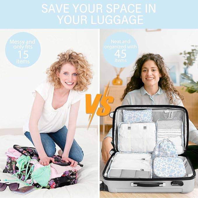 8 Set Packing Cubes for Travel, Luggage Packing Organizers Accessories Large Toiletries Bag for Clothes Shoes Cosmetics (Blue Flower) - Image 5