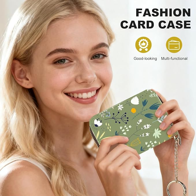 Credit Card Holder for Women,Small Rfid Wallet with Keychain Zipper,Cute PU Leather Card Case Wallet，Accordion Credit Card Wallets Gift,Green Grass White Flowers - Image 6