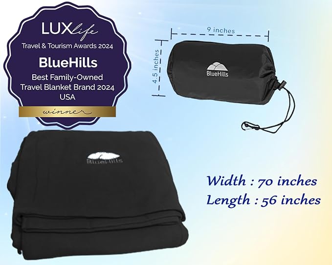BlueHills Ultra Compact Travel Blanket Pillow 2 Pack Airplane 70X56In Black | Travel Blanket Pillows for 2, Matching Case, Luggage Belt & Backpack Clip, 70 X 56 Long, Must Have Airplane Travel Essentials - Image 6