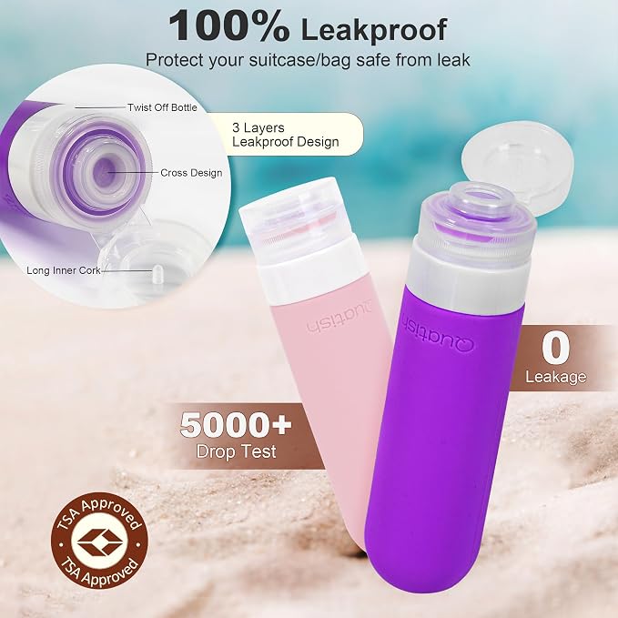Quatish 15 Pack Travel Bottles for Toiletries, Original Patented, TSA Approved Travel Size Containers, Leak Proof Silicone Shampoo and Conditioner Bottles Women & Men, Airplane Essentials, Purple - Image 3