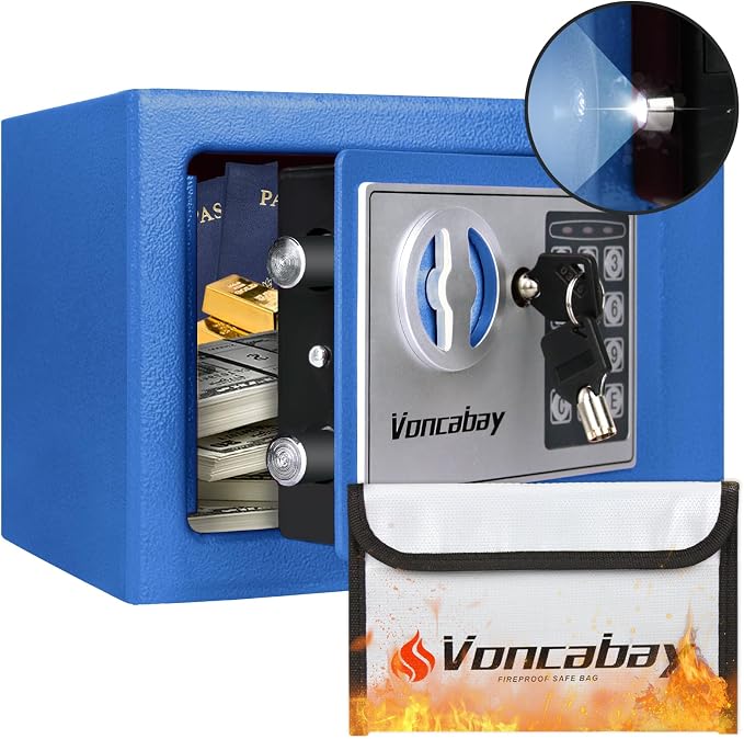 Voncabay Money Safe Box for Home with Digital Keypad, 0.23 Cu. Ft., Blue | Alloy Steel, Sensor Light, Fireproof Bag Included, 2 Override Keys, 4 Mounting Screws, Carpeted Mat, 9 x 6.6 x 6.5 In. by Voncabay