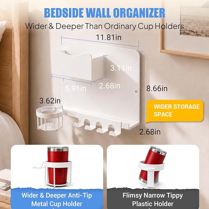 Metal Bedside Wall Shelf, No Drill Floating Bedside Shelf Wall Organizer | Bedside Wall Shelf with Detachable Cup Holder for Bedroom, Dorm, Nightstand Alternative, Bunk Bed Accessories & RV Storage - Image 2