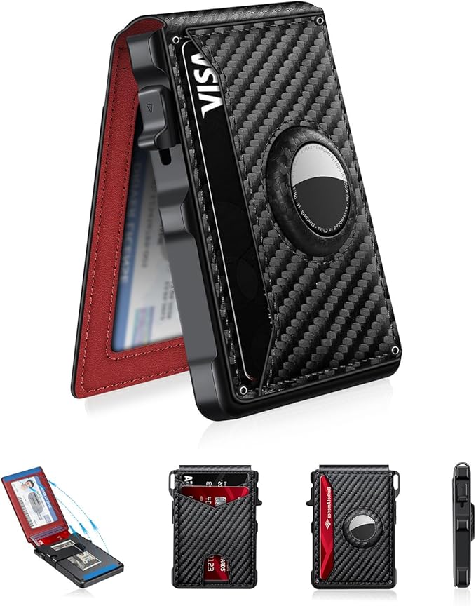 Airtag Wallet for Men, Mens Smart Wallet for Air Tag RFID Blocking, Minimalist Bifold Pop Up Aluminum Credit Card Case Holder 12+ Cards with ID Window, Gift for Men, No Airtag Included, Carbon Red by KIKVES