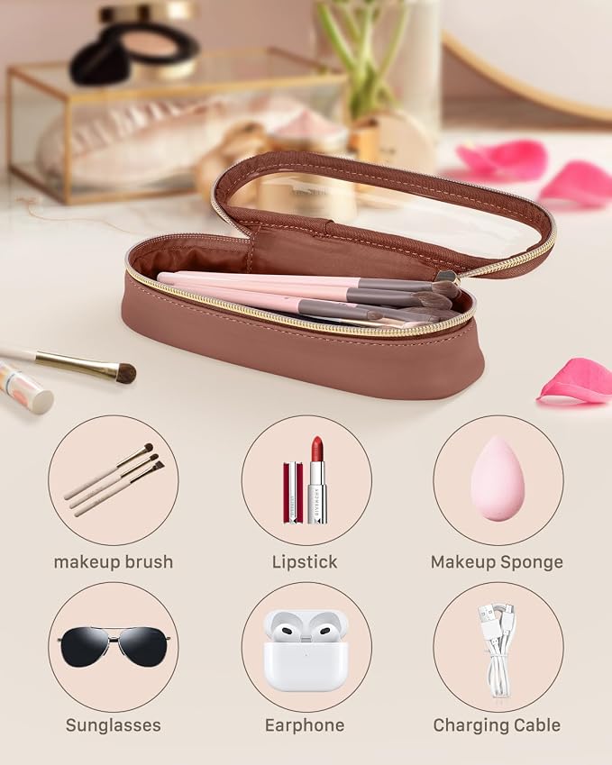Soimeat Clear Travel Makeup Brush Holder, Leather Makeup Brush Toiletry Bag, Portable Cosmetic Brush Case, Transparent Waterproof Makeup Brush Storage Bag, Brown - Image 2
