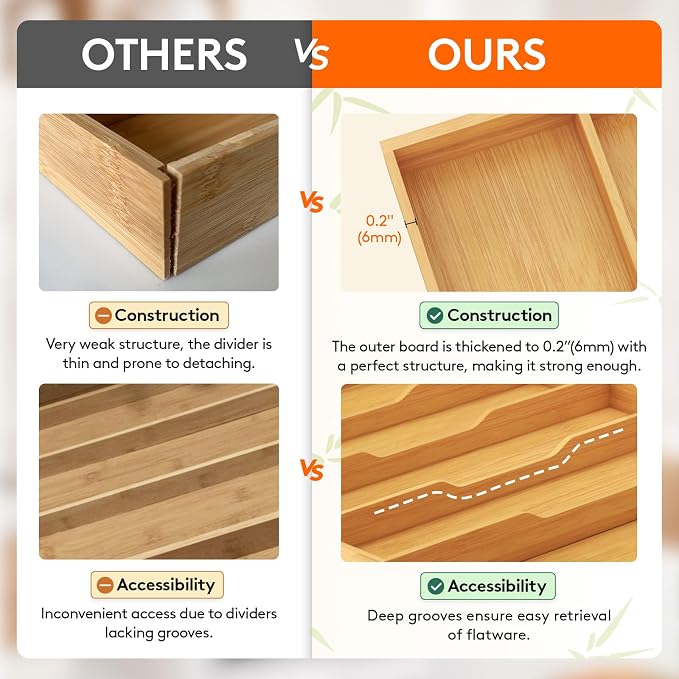 Lifewit Utensil Drawer Organizer, Expandable Kitchen Tool Tray | Wood Adjustable Flatware and Spatula Storage Divider, 11-19.7 x 17 x 1.8“, Natural - Image 6