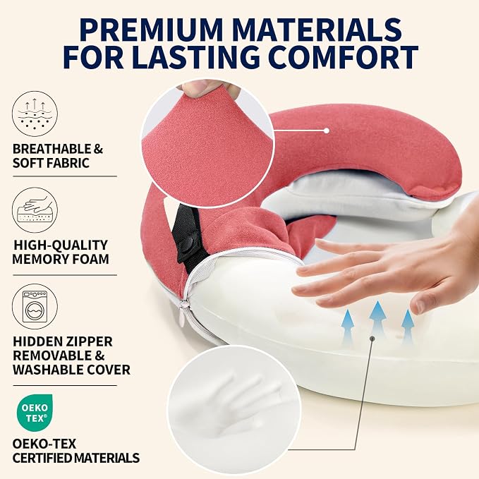 Travel Neck Pillows for Airplanes, Memory Foam 360° Head Support Sleep for Long Flight, Skin-Friendly & Breathable, Kit with Eye Mask, Earplugs and Storage Bag (Adult, Pink, 90+ lbs) - Image 4
