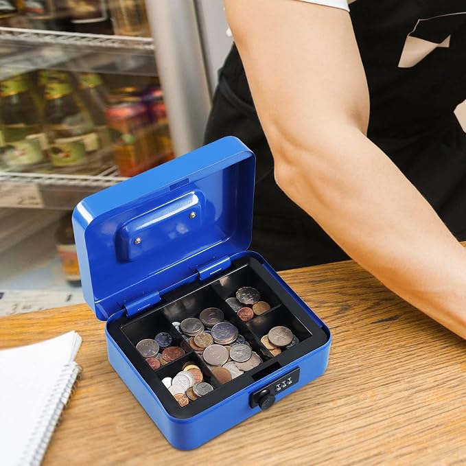 xydled Steel Cash Box Safe with Combination Lock,Money Safe Box with Removable Coin Tray,Medium,7.87"x 6.30"x 3.54",Blue - Image 8