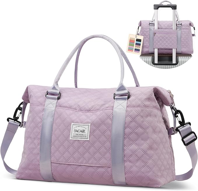 BAGAIL Travel Duffel Bag, Weekender Bags for Women, Overnight Gym Carry On Tote Bag with Wet Pocket, Hospital Mom Bag for Labor and Delivery - Grid-Purple by BAGAIL