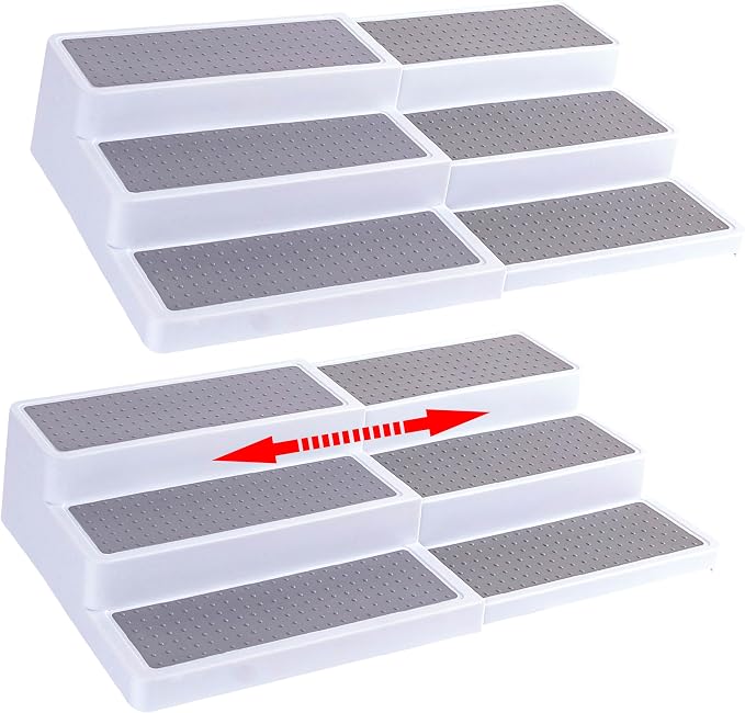 Oizeir Plastic 3-Tier Expandable Spice Rack, Adjustable Length, Stability with Non-Skid Shelf, For Easy Visibility, Organizer for Kitchen Cabinet, Pantry or Countertop, (2-Pack), White/Grey | Expandable Plastic Spice Rack Organizer, Adjustable Length 3... - Image 2