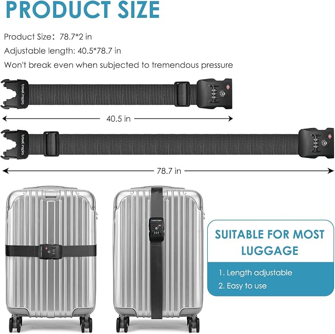 Travel Inspira Luggage Straps for Suitcases with TSA Lock | Heavy-Duty Nylon; TSA-Approved Lock with Tag; Adjustable 103-200cm; Secure Black Strap; 20-28 Inch Bags; Anti-Burst - Image 9