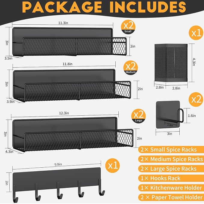 Magnetic Spice Rack for Refrigerator, 10 Pack 100% Metal Strong Magnet Shelf, Moveable Spice Organizer W/ Adjustable Paper Towel Holder, Hook Rack & Utensil Caddy, Home Kitchen Laundry Storage, Black - Image 2
