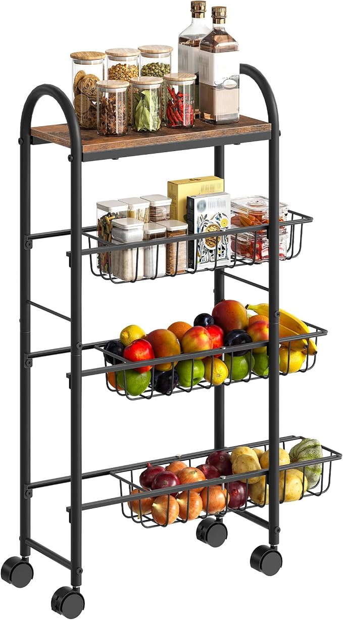 Slim Storage Cart, Storage Shelf on Wheels, Storage Rack with Pull-Out Baskets, Movable Cart with Handles, for Kitchen, Laundry Room, Living Room, Black and Rustic Brown TTC05BF - Image 7
