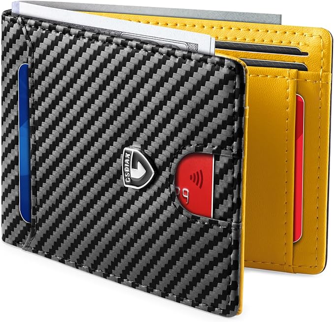 GSOIAX Slim Wallet for Men RFID Blocking Bifold Wallet Carbon Fiber Front Pocket Wallet with 11 Card Holder Minimalist Mens Wallet with Gift Box(Carbon Yellow) by GSOIAX