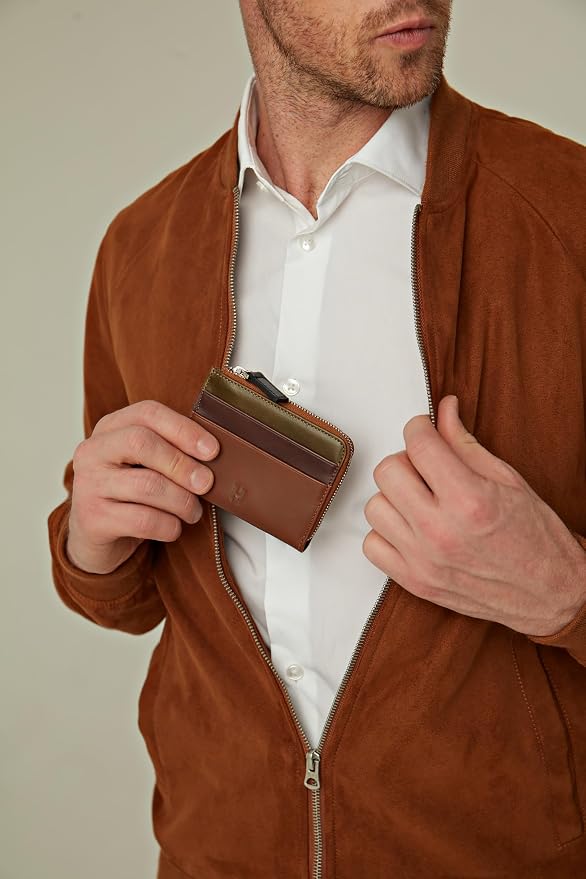 RFID Blocking Zipper Wallet, Slim Business Card Holder, Men & Women, Handcrafted Full-Grain Leather, Gift Box & Pouch, Christmas & Birthday, Tan (Plus Colors) - Image 2