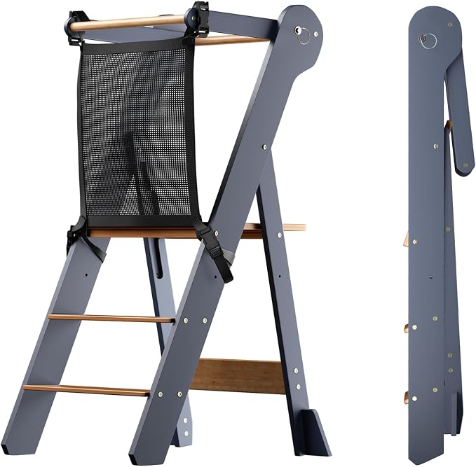 COSYLAND Foldable Toddler Kitchen Stool Helper - Height Adjustable Standing Tower for Bathroom Sink or Kitchen Counter - Step Stool for Toddlers Ages 18 Months to 6 Years Gray & Natural by COSYLAND