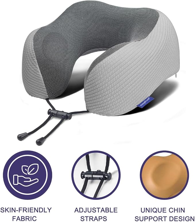 napfun Neck Pillow for Travel with Travel Pouch, Sleep Mask & Earplugs, Memory Foam Airplane Pillow for Headrest Sleep with Eyeshades, Plane Essentials with Eye Blindfold, Light Gray Striped Kit - Image 3