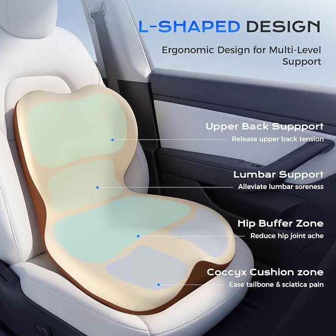 Coverado Car Seat Cushion and Lumbar Support Pillow One Piece, Memory Foam Ergonomic Back Support Driving Seat Cushion for Back Pain, Non-Slip Washable Cushion for Car, Driver, Office - Image 2
