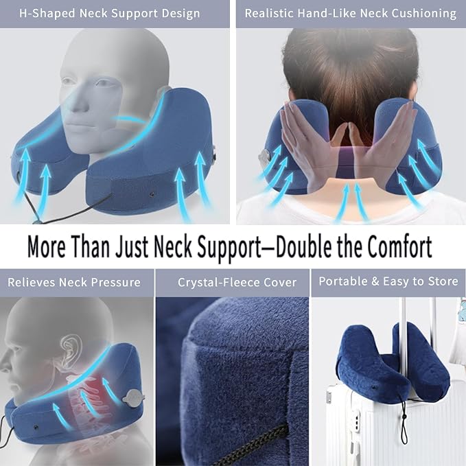 H-Shaped Travel Pillow with Snap-On Hood – Ergonomic Neck Support with Plush Velvet Cover, Instant Inflation & Compact Bag – for Airplane, Car, Office & Long Trips (Blue) - Image 3