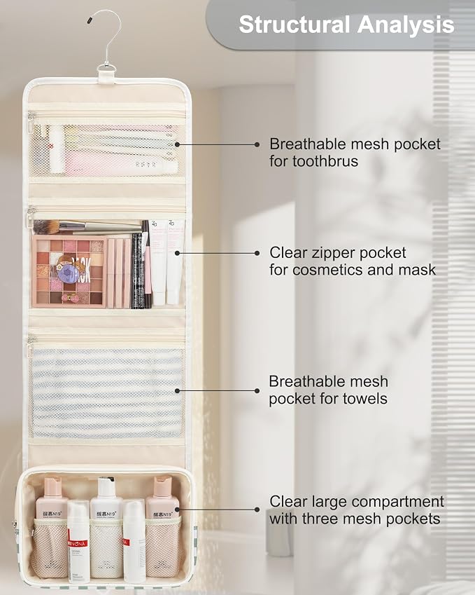 Relavel Travel Hanging Toiletry Bag for Women, Large Capacity Wash Bag | with 360 degree Rotation Hanging Hook, Portable Toiletries Makeup Organizer Storage for Daily Use, Trip, Camping - Image 8