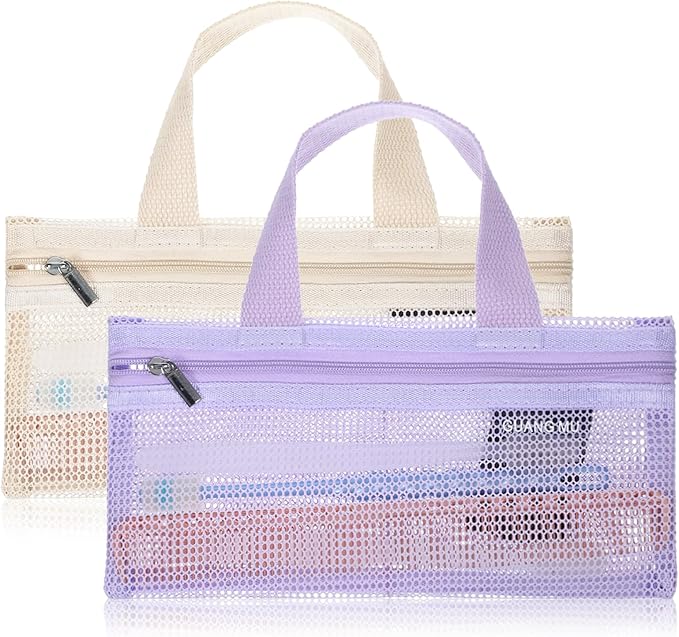 2 Pcs Toothbrush Bag, Mesh Travel Bags Toothbrush Pouch Small Toiletry Pouch Mesh Travel Organizer Bags Portable Makeup Bag Square Storage Holder with Zipper for Men and Women (White, Purple) by Unknown