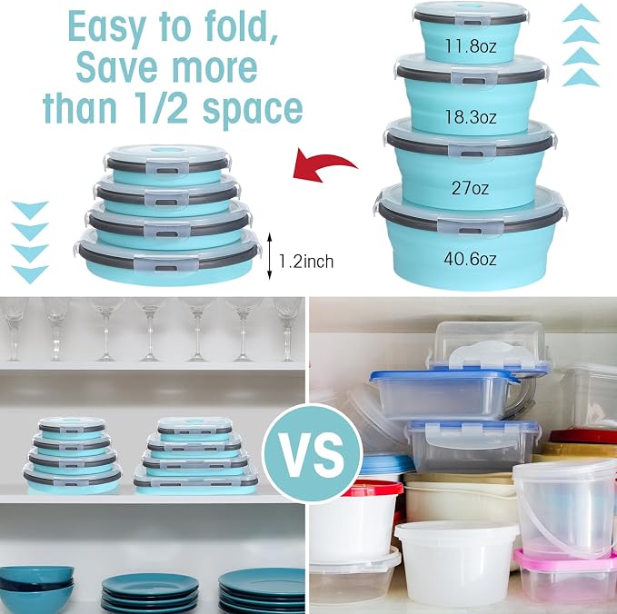 Yaomiao 16 Pack Collapsible Food Storage Container with Lid,Gray, Blue | Silicone Bowls with Air Vent, Foldable Rectangle Round Bowl ,For Rv Camping Meal Prep Organizing, Microwave Freezer Safe - Image 5