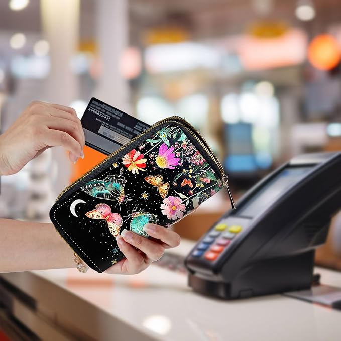 Wallet,Leather Long Wallet Suitable For Ladies And Teenagers - Detachable Wristband + RFID Travel Wallet With Card Slot - Butterfly Moon Flower - Image 5