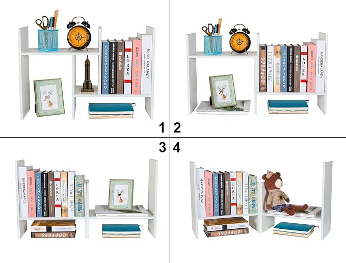 Adjustable Desktop Shelf Wood Small Bookshelf Desk Supplies Organizers and Accessories Storage Display Rack Office Decor, White - Image 4