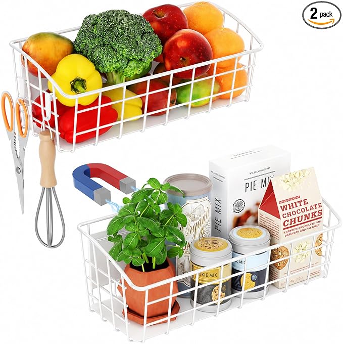 2Pack Magnetic Shelf for Refrigerator with Removable Hooks(White) | Strong Magnetic Spice Rack for Kitchen Storage, Fruit Potato Onion Storage Shelves, Large Magnetic Basket Organizer by PrimZootyDesign