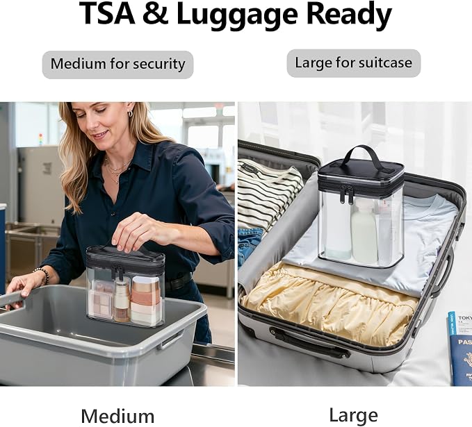 Clear Makeup Bag for Travel - TSA Approved Toiletry Bag, 2 Black | 1 Medium Quart Carry-On & 1 Large Checked-Luggage, Top Handle, Double Metal Zippers, 180° Opening, Clear Easy-Check, Women - Image 2