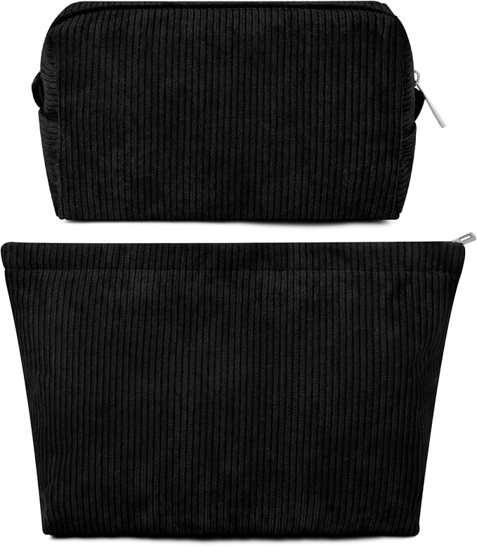 SOIDRAM 2 Pcs Corduroy Makeup Bag Large Cosmetic Bag Toiletry Bag Makeup Pouch Travel Bag Organizer Cute Makeup Brushes Aesthetic Accessories Storage Bag for Women Black by SOIDRAM