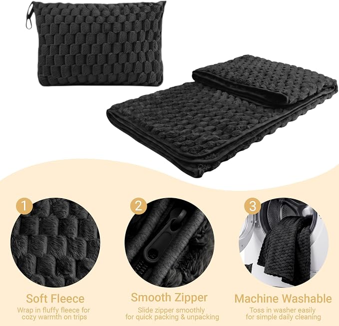 Travel Blanket with Bag, Soft Fleece Portable Airplane Blanket, Black | Soft fleece travel blanket 50x60in grey. 5-in-1: pillow, lumbar support, shawl, hand warmer. Washable, luggage sleeve, clip. - Image 2