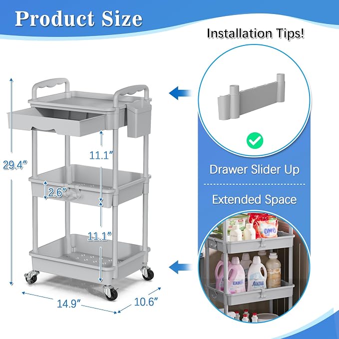 SUNALLY 3 Tier Rolling Cart with Drawer, Craft Storage Cart Organizer, Gray | Bathroom Storage Organizer with 2 Lockable Wheels, Rolling Utility Cart for Kitchen, Office, Baby, Makeup, Nail,Snack,Laundry - Image 2