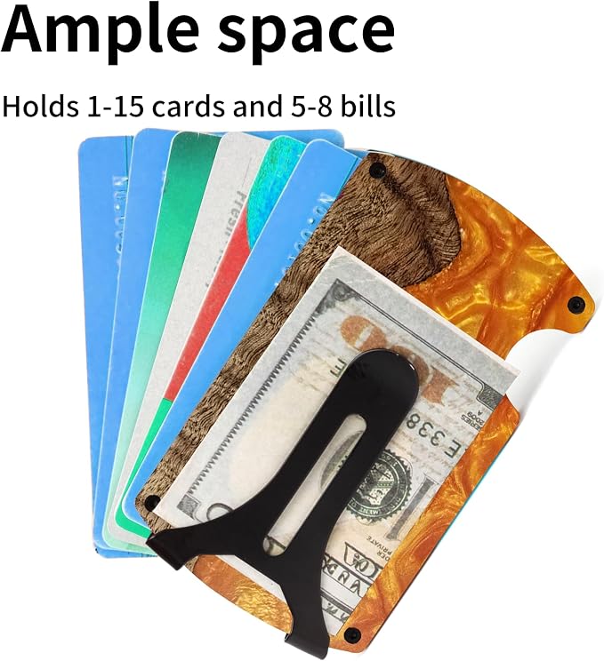 Minimalist Wallet for Men, Slim Metal RFID Blocking Wallet Credit Card Holder Money Clip & Cash Strap, Scratch-Resistant Holds 15 Cards,Ideal Gift for Men | Resin Wood, Unique Pattern,Orange - Image 3