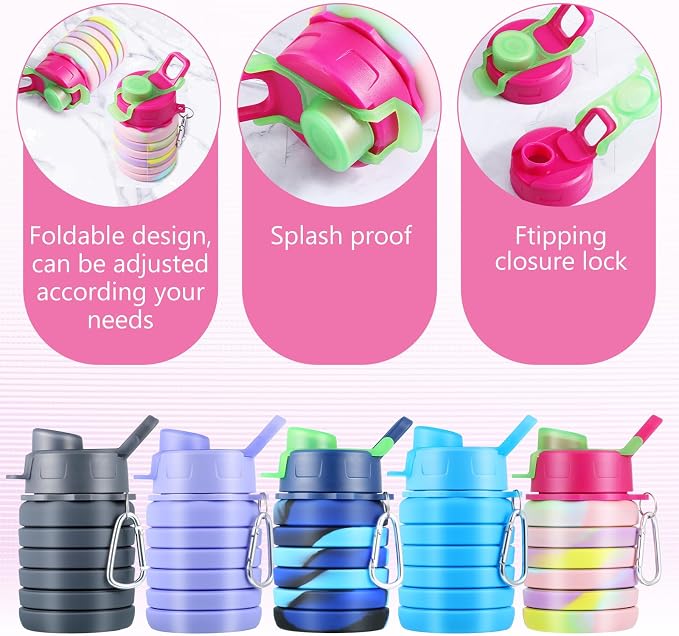 5 Pcs Collapsibles Water Bottles, 16 oz Portable Water Bottle with | Metal Clip Foldable Silicone Leakproof Travel Waters Bottle Reusable Sports Waters Bottles for Travel Camping Hiking Cycling - Image 3