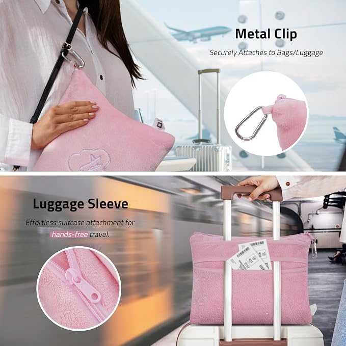 Travel Blanket Pillow,Airplane Blanket Compact with Bag Eye Mask, Ultra-Soft,Warm & Lightweight Included,Travel Essentials for Women & Men, Luggage Sleeve & Backpack Clip 65x40 in, Pink - Image 4