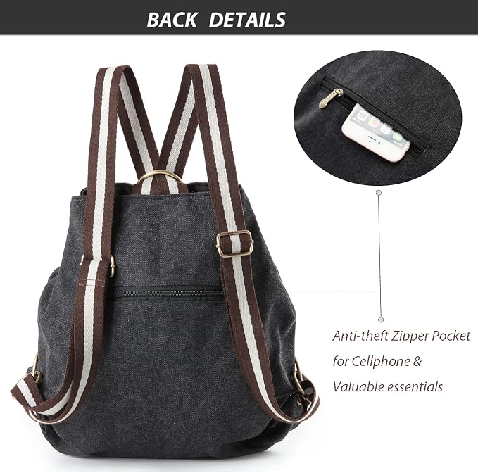 Goodhan Women Canvas Backpack Daypack Casual Shoulder Bag, Vintage Heavy-duty Anti-theft Travel Backpack Grey Black 2 - Image 3
