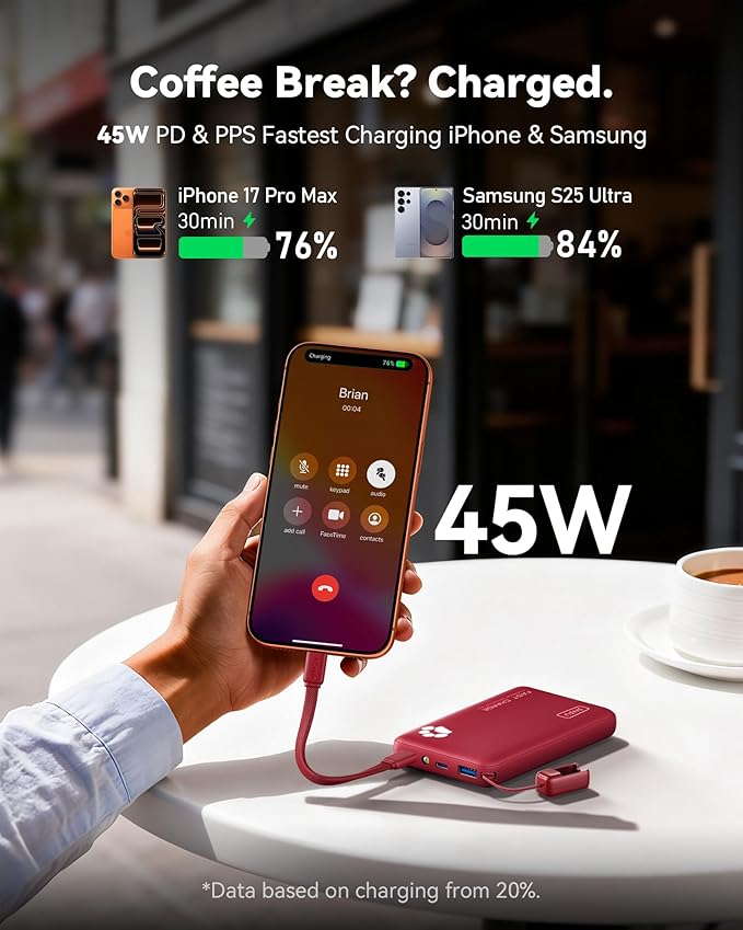INIU 45W Fast Charging Portable Charger, Smaller 10000mAh Travel Power Bank | Flight-Safe, Detachable USB C Cable, Travel Essential, External Battery Phone Pack for iPhone 17 Samsung S26 iPad etc, Red - Image 3