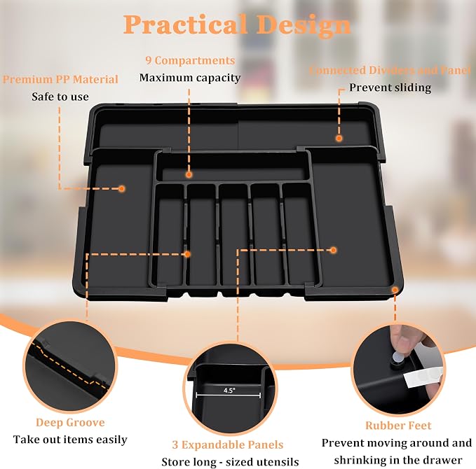 Silverware Organizer Expandable Kitchen Utensil Drawer Organizer Large BPA Free Adjustable Cutlery Silverware Tray for Spoons Forks Knives Storage Divider for Kitchen Flatware 6-9 Slots Black - Image 7