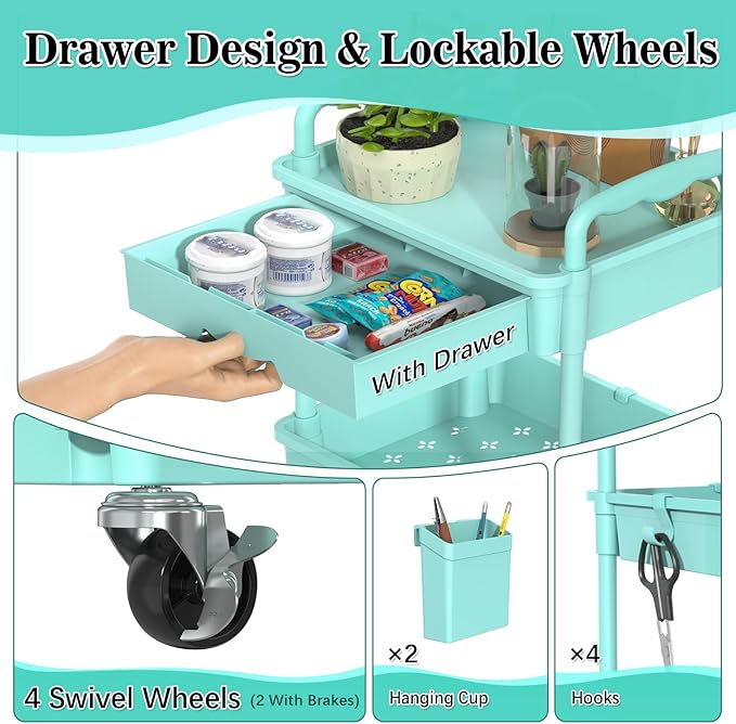 SUNALLY 3 Tier Rolling Cart with Drawer, Craft Storage Cart Organizer, Blue | Bathroom Storage Organizer with 2 Lockable Wheels, Rolling Utility Cart for Kitchen, Office, Baby, Makeup, Nail,Snack,Laundry - Image 3