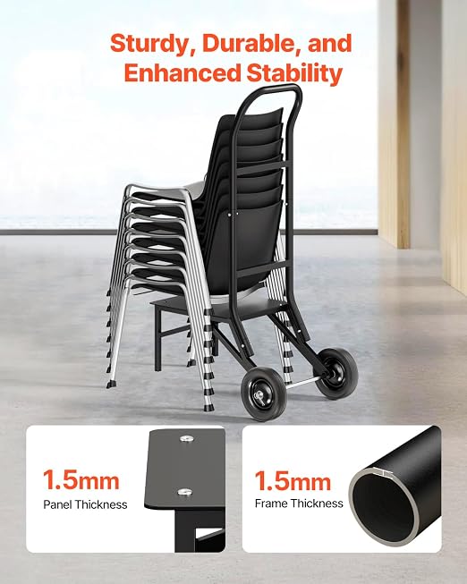 VEVOR Folding Chair Rack, 150 LBS Capacity, Heavy-Duty Chair Cart for Stacking 10 Chairs, Multi-Function Metal Chair Storage Dolly with Rubber Wheels, Push-Style Chair Holder, Matte Black - Image 3