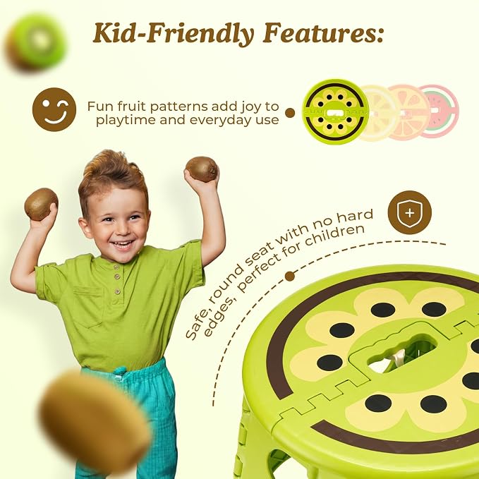 9 Inch Cute Folding Step Stool for Kids, with Handle, Kiwi Green | Foldable Step Stool, Heavy Duty, Lightweight, Non-Slip, for Toddler/Adults, for Kitchen Bathroom Outdoor, Sturdy Collapsible - Image 3