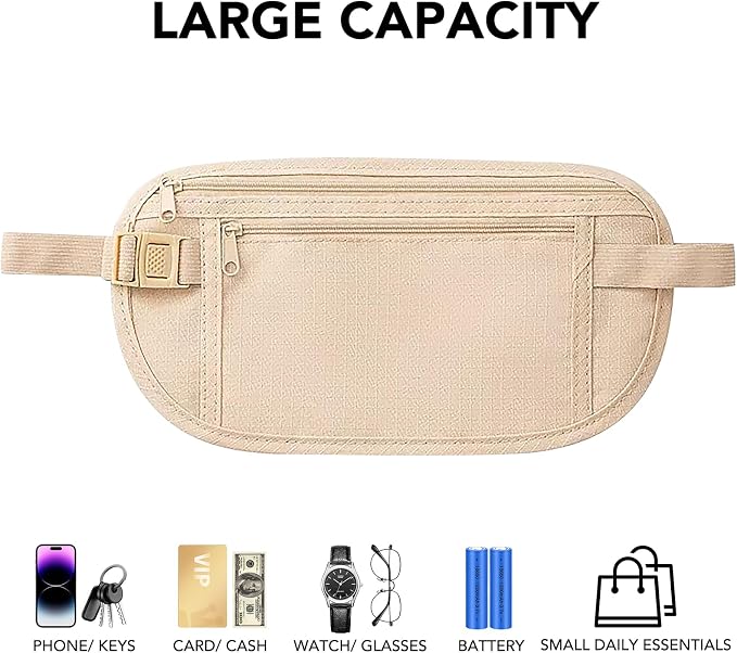Money Belt for Travel with Anti-Theft RFID Blocking Cards Cover, Phone Wrist Strap, Passport Holder, Slim Waist Wallet Men Women, Money Pouch under Clothes for Travel, Running, Hiking, Beige - Image 2