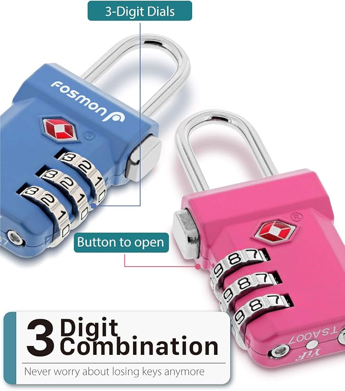 Fosmon TSA Accepted Luggage Locks, (4 Pack) Open Alert Indicator 3 Digit Combination Padlock Codes with Alloy Body and Release Button for Travel Bag, Suit Case & Luggage - Black, Blue, Pink, Silver | Push Release Button, Suitcase Travel Lock, Backpack ... - Image 3