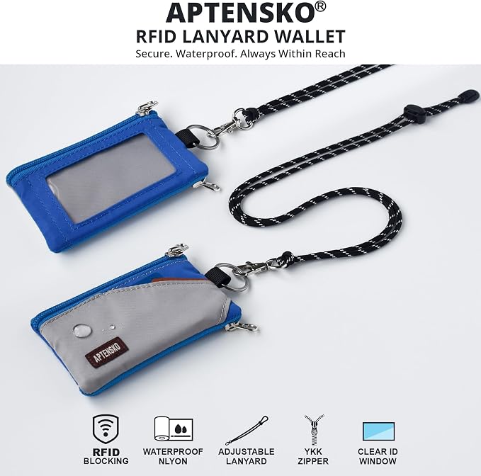 RFID Blocking Travel Wallet with Adjustable Lanyard, Small Nylon Zipper Pouch and Badge Holder for ID, Credit Cards, Cash, Keys, Commuters (Grey+Blue) - Image 2