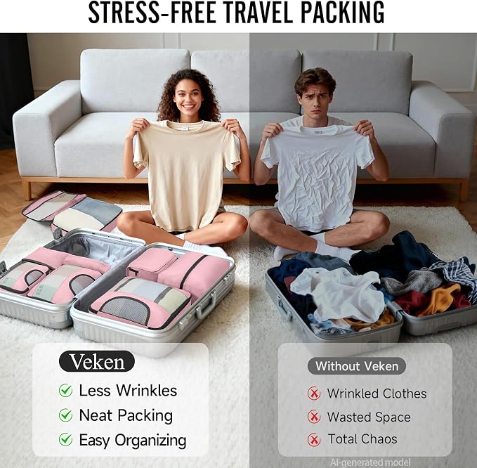 Veken 8 Set Packing Cubes for Travel Essentials,Anti-Wrinkle Buckled Suitcase Organizer for Shoe & Toiletry Bag,Carry On Luggage Bag with 99+ Count Mesh Holes for Airplane & College Dorm Accessories - Image 7